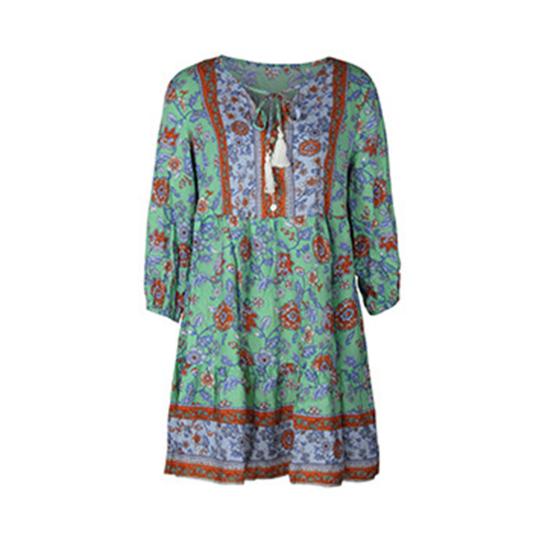 Женское платье Yousheng с цветочным принтом в стиле бохо, повседневное, с длинным рукавом, струящееся, короткое, свободное, с V-образным вырезом, на пуговицах, платье А-силуэта, мини-пляжное платье-сарафан