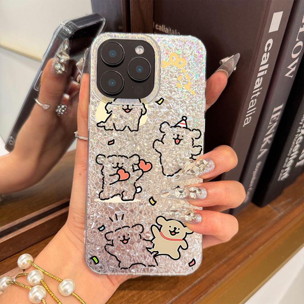 Веселая вечеринка щенков Чехол для iphone 15 Air 16 Plus XR 18 Pro Max 17 Pro 11 14 12 XS Max 13 Серебристый Блеск Трескающийся Фон