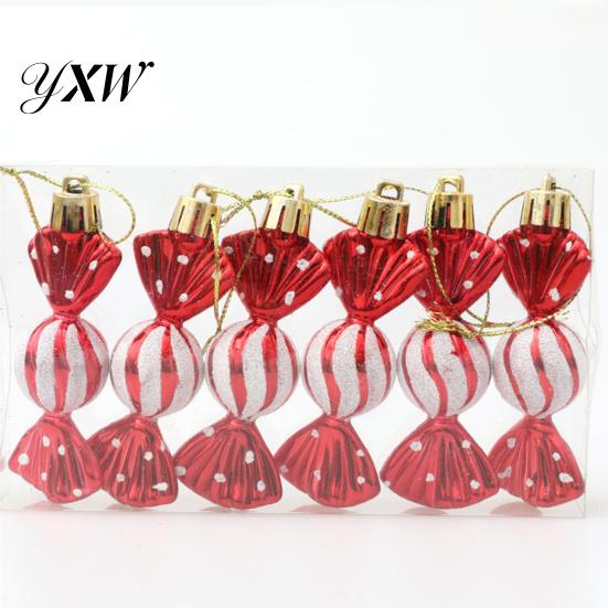 High-quality Plastic Hanging Candy Ornament 6Pcs/Box Christmas with Lanyard Unbreakable Reusable Electroplating Festive Decorations Holiday Decoration