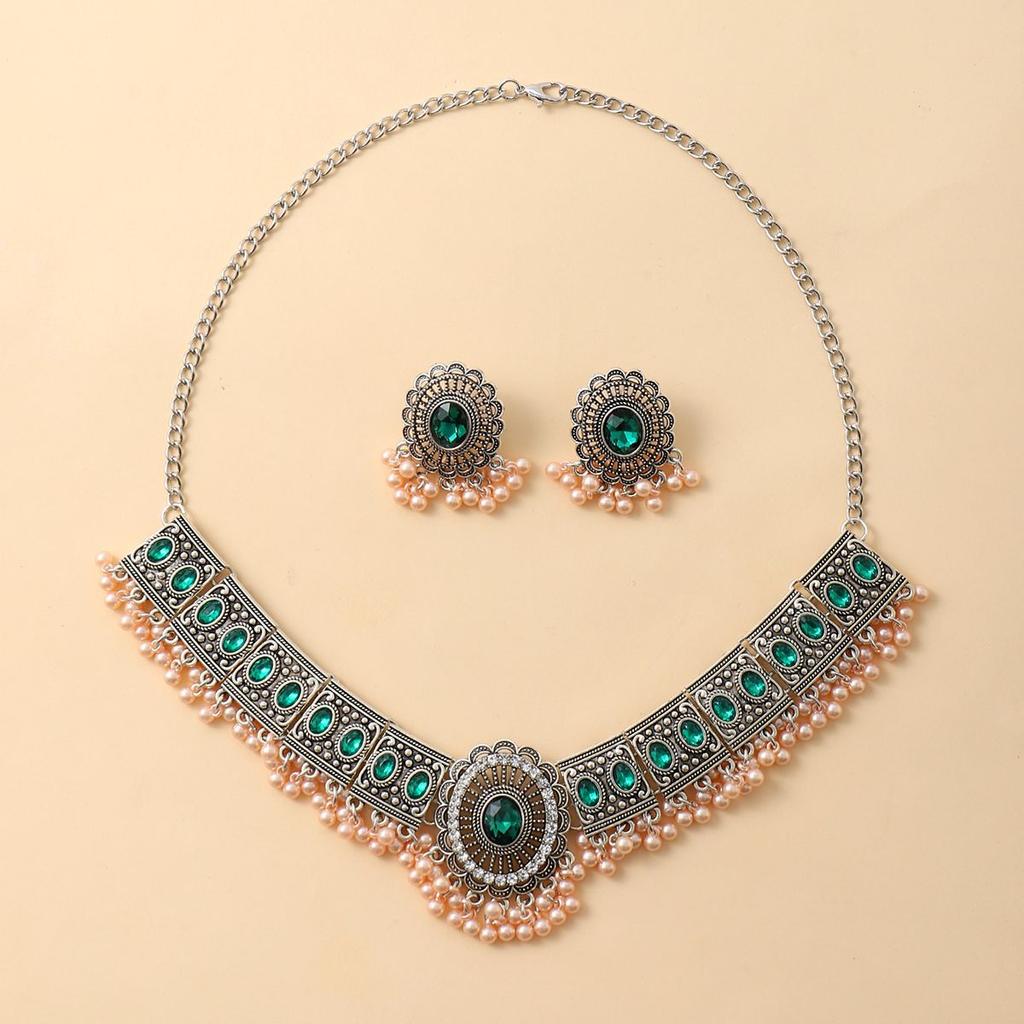 Модная ретро-шаровая цепочка на шею с кисточками, женская цепочка с бриллиантами и цветком на ключицу, древнее серебро, геометрическое ожерелье, комплект сережек