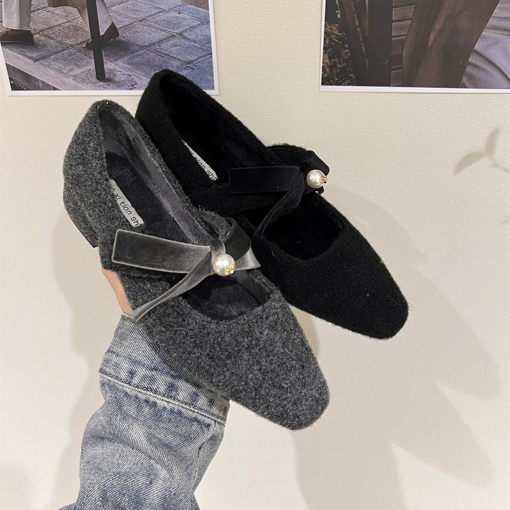 French Thick Heel Gray Single Shoes with Skirt Evening Shoes Women's Shoes 2025 Autumn and Winter Velvet Mary Jane Fluffy Shoes