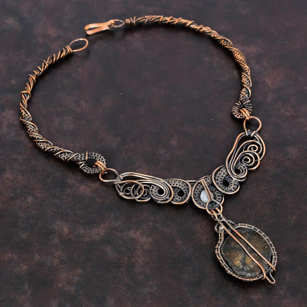 Ожерелье с хиастолитом, ожерелье из медной проволоки, ювелирные изделия из натуральных драгоценных камней, ожерелье из радужного лунного камня, медные украшения ручной работы, подарок для женщин
