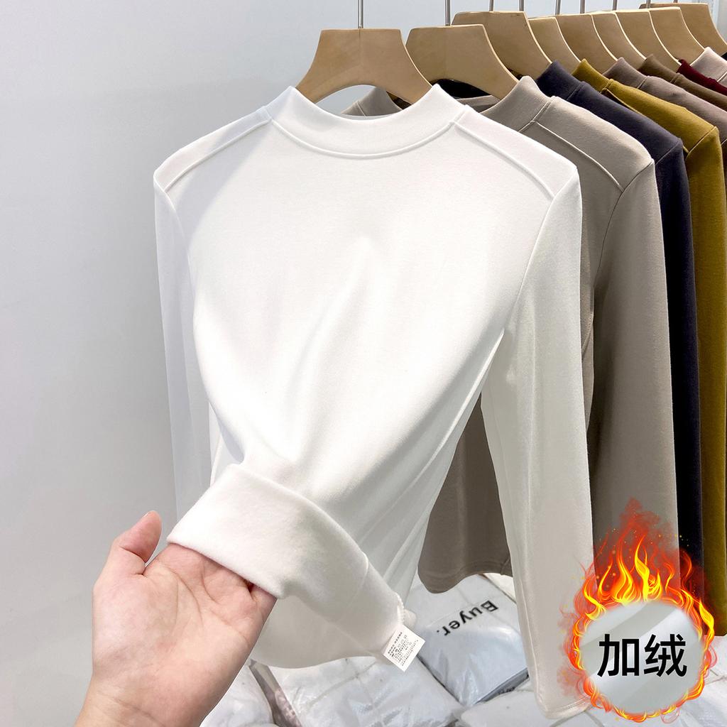 Флисовая полированная футболка с маленьким воротником-стойкой для женщин, весенняя, спереди «рыбья кость», плечо слим-фит, с длинным рукавом, футболка с топом внутри