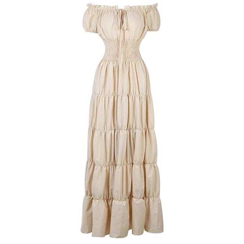 Women's Solid Color Short Sleeve Boat Neck Waist Medieval Retro Long Plus Size Dress