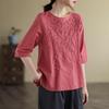 Women  Casual T-shirts  Summer Cotton Linen Vintage Style Floral Embroidery Loose Female Half Sleeve Tops Tees
