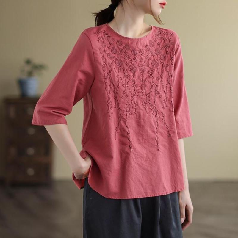 Women Casual T-shirts Summer Cotton Linen Vintage Style Floral Embroidery Loose Female Half Sleeve Tops Tees
