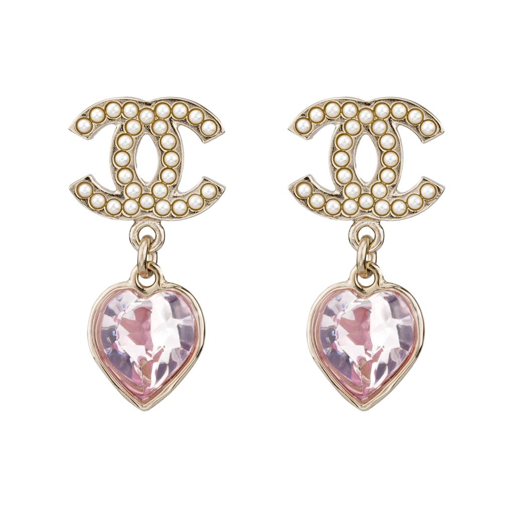 Chanel Pink Heart Crystal Pearl Metal Earrings Women Earrings Gold AB9100-B08566-NJ004