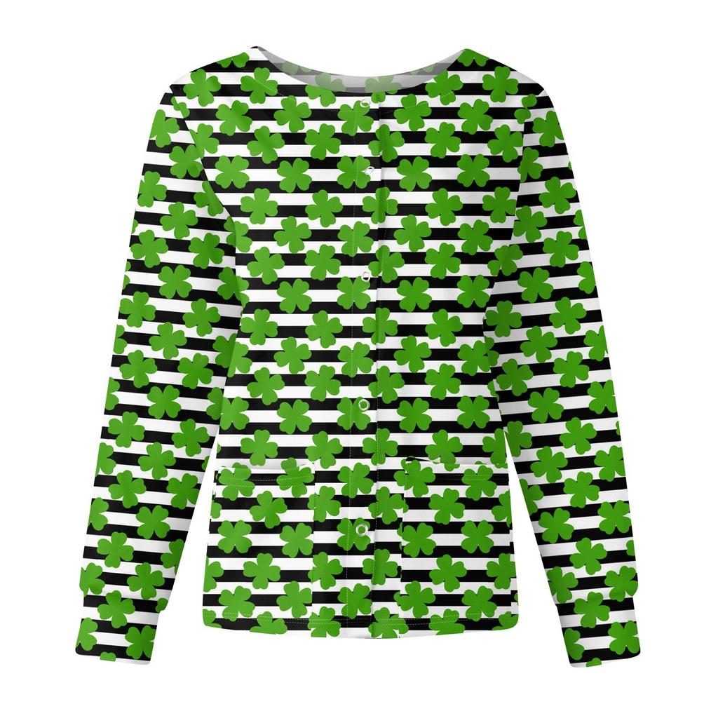 Женская мода с длинным рукавом и воротником-стойкой, однобортная, с принтом ко Дню Святого Патрика
