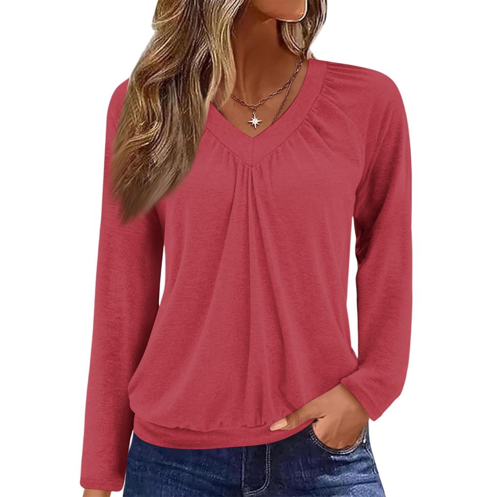 Women's Casual Fashion V-Neck Raglan Pleated Solid Color Long Sleeve Top