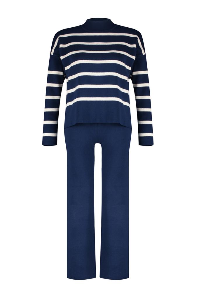 Женский модный новый комплект из верха и низа с темно-синими брюками, трикотаж в полоску, комплект из верха и низа