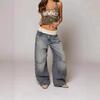 Unisex Relaxed Fit Straight Leg Denim Jeans Water Washed Vintage Blue Cotton Blend Casual Pants