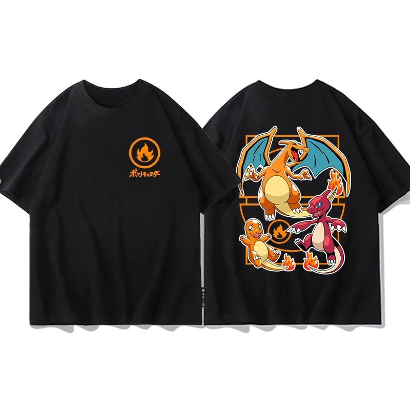 2026 Summer Charizard Evolution Double Side Japnese Anime Print TShirt Cotton Oversized Couple Family Tee for Travel Sports