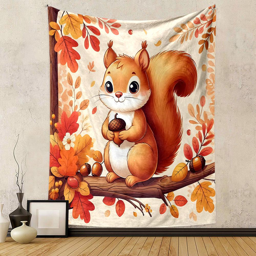 Cute Squirrel with Acorn in Autumn Forest Patterned Tapestry Decorative Wall Hanging, Home Bedroom Living Room Decor