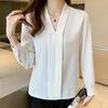 Long Sleeve V-Neck Office Lady White Chiffon Blouse Shirt Women Tops J211