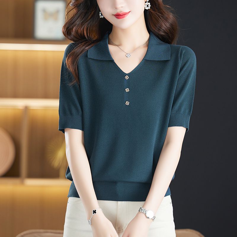 Летние женские однотонные трикотажные футболки с короткими рукавами, корейская мода, новые универсальные пуловеры из ледяного шелка с v-образным вырезом, базовые свободные повседневные топы