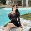 Womens 3-Piece Swimsuit Set With Long Sleeve Rash Guard Skirt Cover-Up Polka Dot Mesh Tummy Control Slimming Design