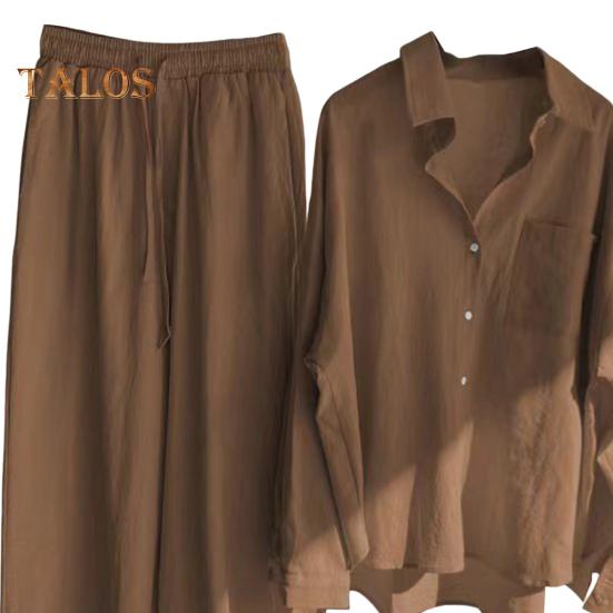 2 шт./компл., женская рубашка больших размеров, комплект брюк, сплошной цвет, блузка с воротником с лацканами и длинными рукавами, высокая талия, свободные широкие брюки, комплект, повседневная одежда для поездок на работу