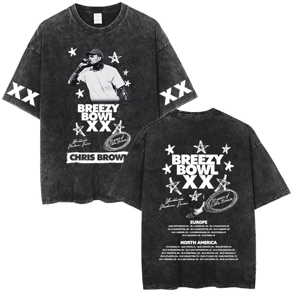 Рэпер Крис Браун Breezy Bowl XX Тур Винтажные стираные футболки Мужские Женские Хип-Хоп Модные Футболки Мужская Хлопок Ретро Футболка