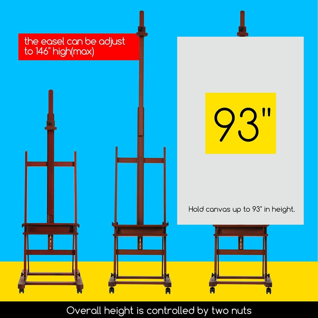MEEDEN Мольберт Буковый Деревянный Большой Мольберт Регулируемый Угол Передвижной Вертикальное Хранение Включает Полку для Хранения Поддерживает Натянутый Холст до 236 см Прочный и