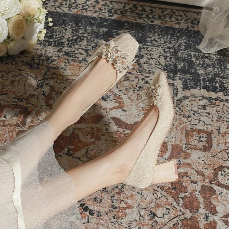 2024 Новая Мода Однотонные Женские Туфли Квадратный Носок Высокий Каблук Римский Стиль Слипоны Бежевый Римский Однотонный Zapatos De Mujer