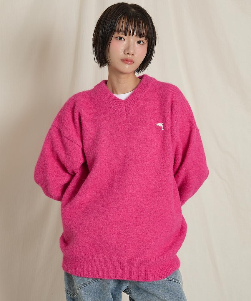 WAIKEI Dolphin Hairy V-Neck Knit Pink