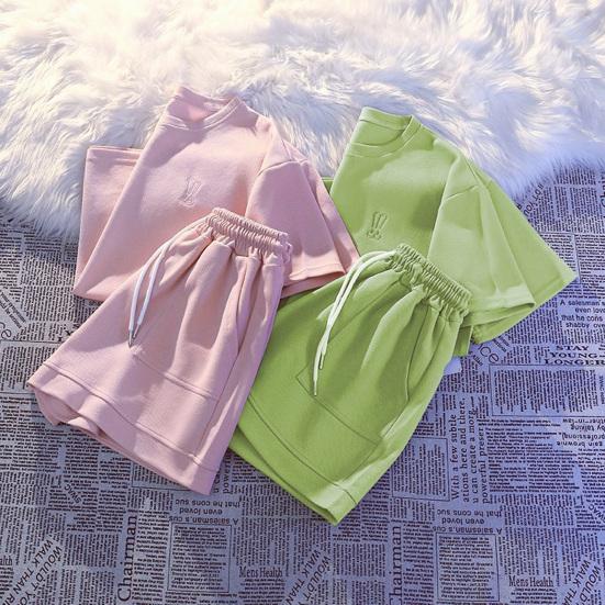 2 шт./компл., женская футболка, шорты, костюм с круглым вырезом, однотонный, с короткими рукавами, топ на шнурке, эластичная талия