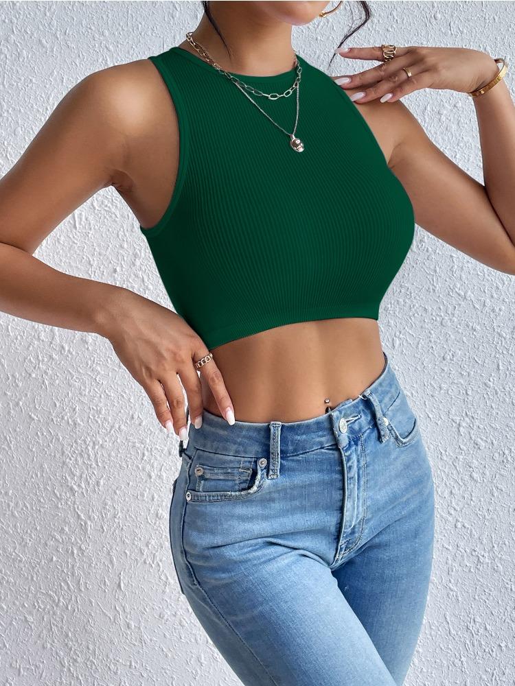 Круглый вырез ребристый топ однотонный укороченный топ женский летний трикотажный топ модный женский укороченный жилет без рукавов Y2K