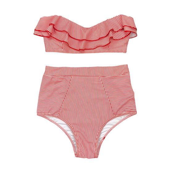 2 Pcs/Set Beach Bikini Set Ruffle Striped Patchwork Tankini High Waist Split Beachwear Elastic Quick-drying Bathing Suit