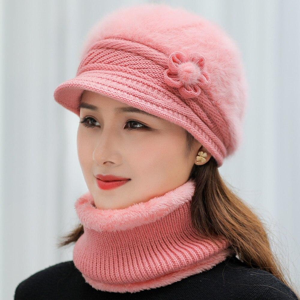 1PC New Women Winter Hat Keep Warm Cap Add Fur Lined Hat & Scarf Knit Suit Fashion Hat For Women Casual Rabbit Fur Flower Knitted Hat