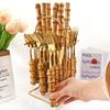 Роскошный набор столовых приборов из бамбука из 24 предметов - прочная серебристая посуда из нержавеющей стали с держателем для столовых приборов, зеркальная полировка