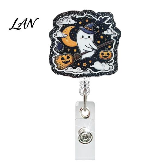 Teacher Badge Reel Retractable Holder, Halloween Glitter Acrylic Reel, Cute Ghost ID Card Pumpkin Holder for Nurse Doctor Worker