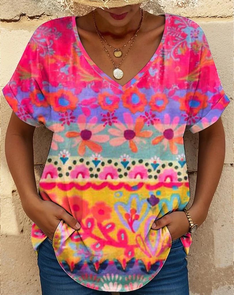 Colorful Floral Pattern 3D Print T-Shirts Wowomen V-Neck Short Sleeve T Shirt Y2k Harajuku Street Tees Casual Tops Female Clothing