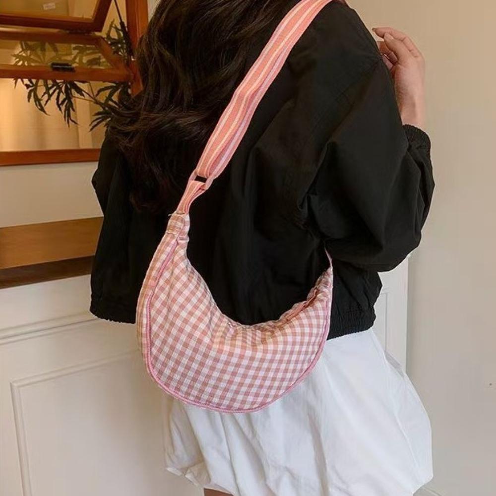Adjustable Strap Nylon Crossbody Bag Versatile Dumpling Bag Sweet Plaid Shoulder Bag Outdoor