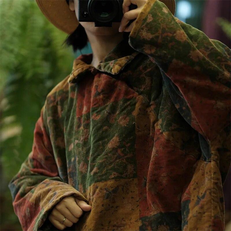 Johnature Women Vintage Print Floral Pullover Parkas Turn-down Collar Long Sleeve Winter Coats Warm Loose Parkas