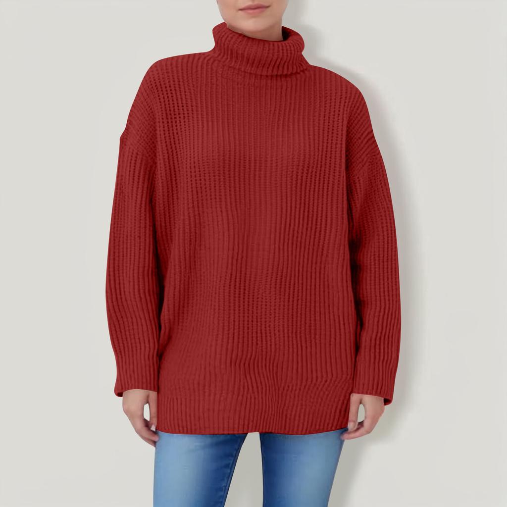 Women's Solid Color High Neck Long Sleeved Knitted Sweater Top Loose Sweater