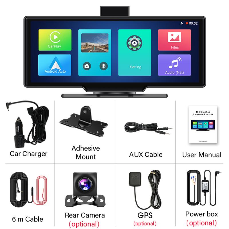 10,26-дюймовый 4K-видеорегистратор для автомобиля ADAS DVR, беспроводной Carplay и Android Auto, экран BT, WiFi, GPS-навигация, видеорегистратор, AUX-зеркало, монитор