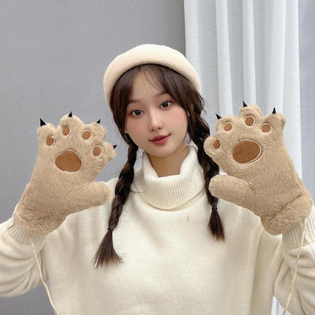 Женские осенне-зимние милые плюшевые перчатки с лапками медведя и кошки - Толстые, теплые, с мультяшным дизайном для студентов