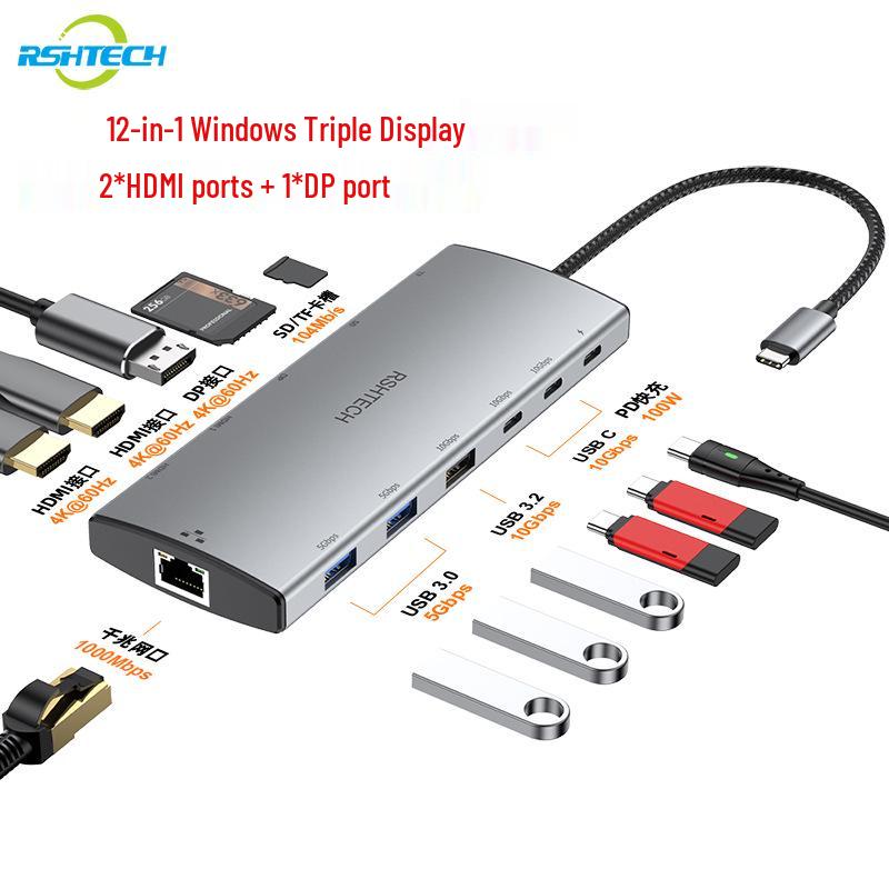 12-в-1 док-станция Type-C с двойным HDMI, DP, концентратором 3.0 и Ethernet RJ45 для тройного дисплея