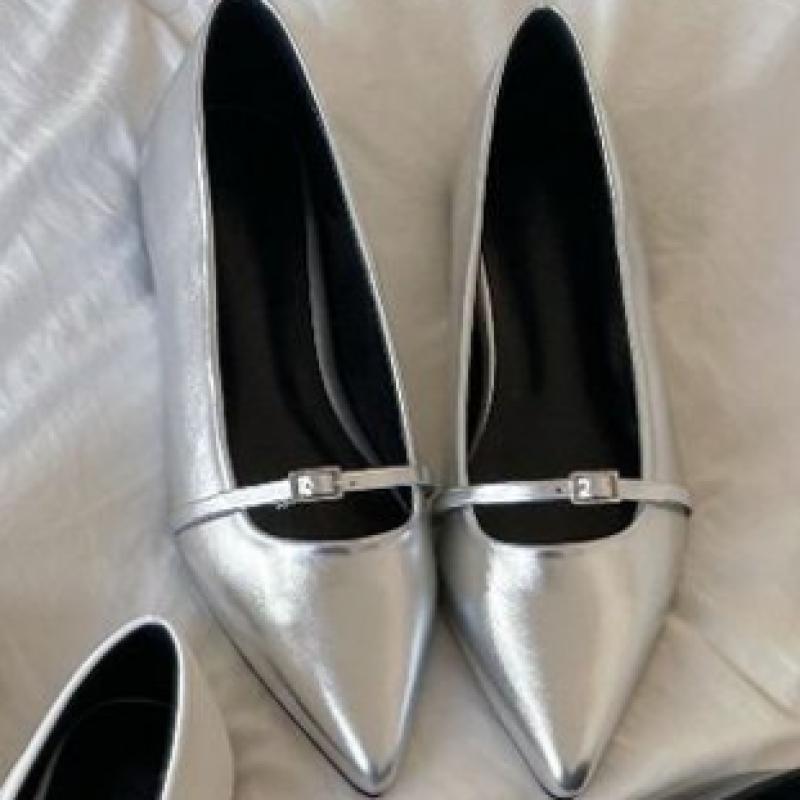 New Arrivals Open Run Metallic Flat Shoes Pointed Toe Ballerina Buckle Silver