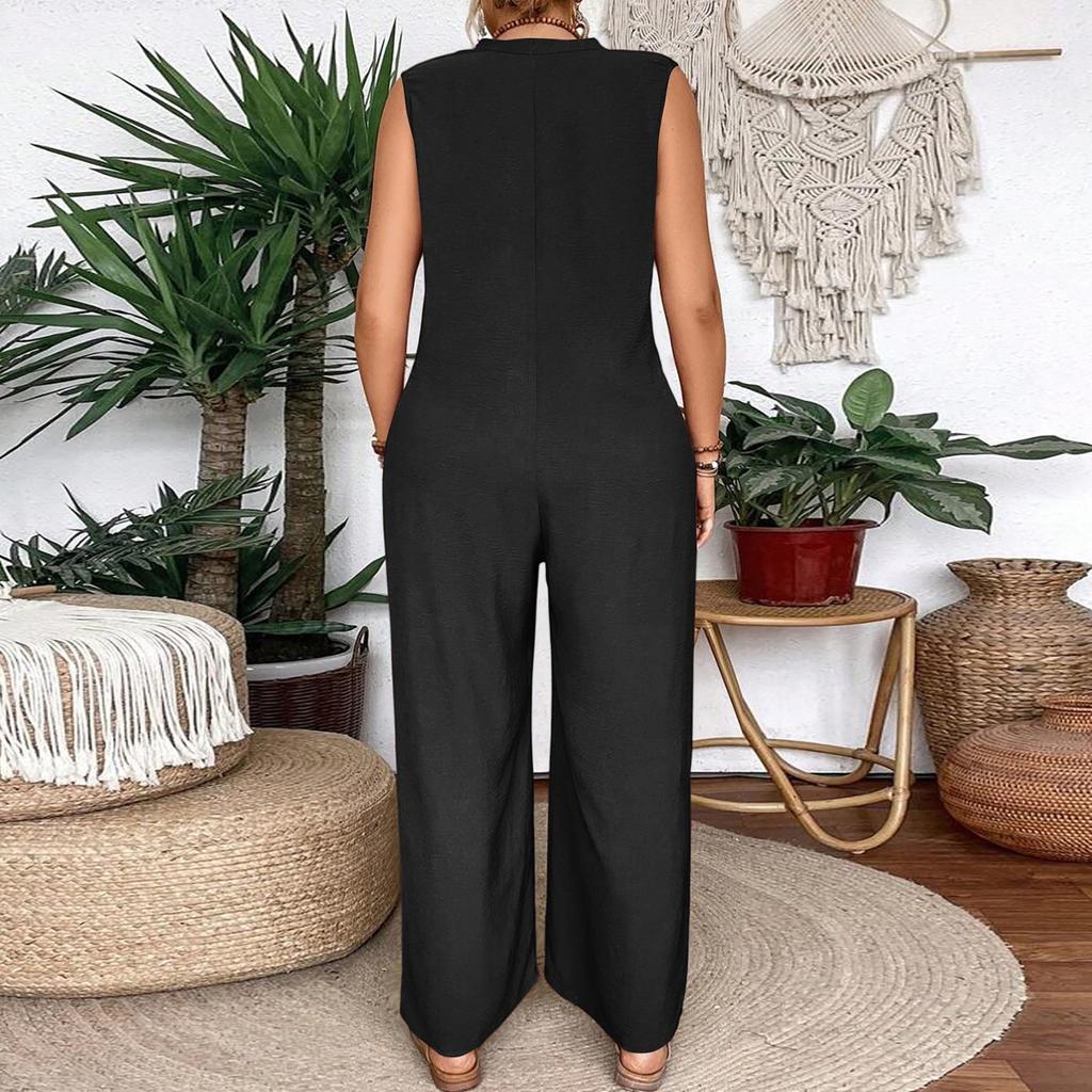 Женский летний повседневный модный комбинезон большого размера однотонной расцветки без рукавов, свободный и удобный, с широкими штанинами