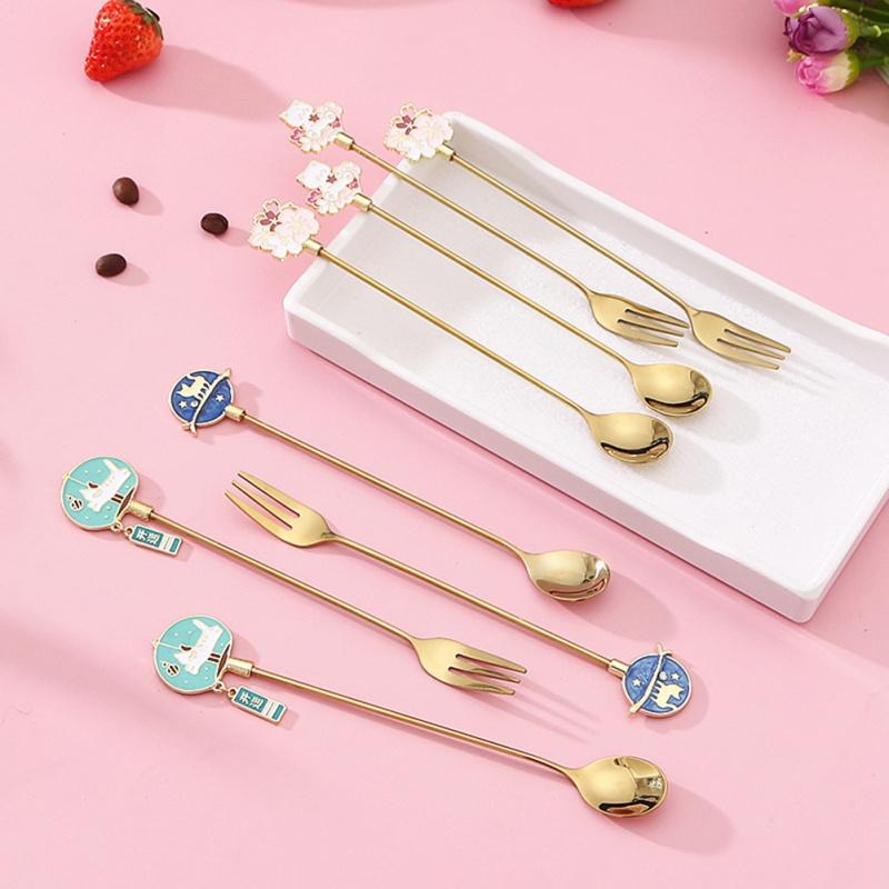 Ложка для перемешивания из нержавеющей стали 304, вилка, позолоченная кофейная десертная ложка с котом звездного неба