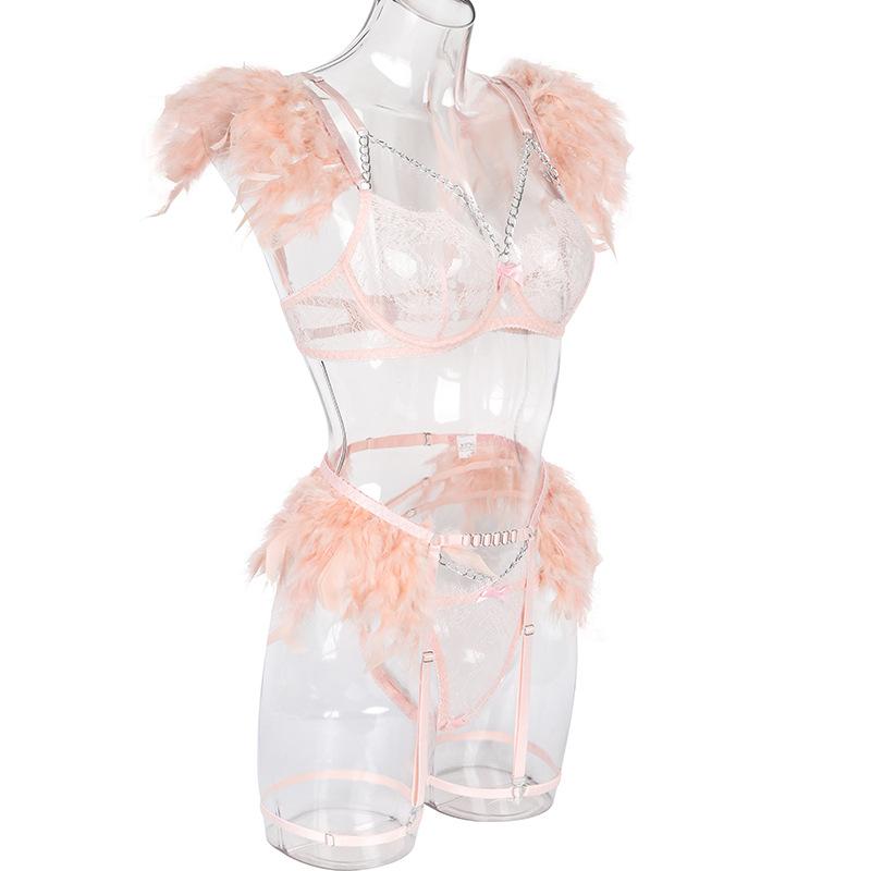 Металлическая цепочка, кружево, перо, кружево, сексуальное женское белье, женские стринги, комплект из 3 шт.