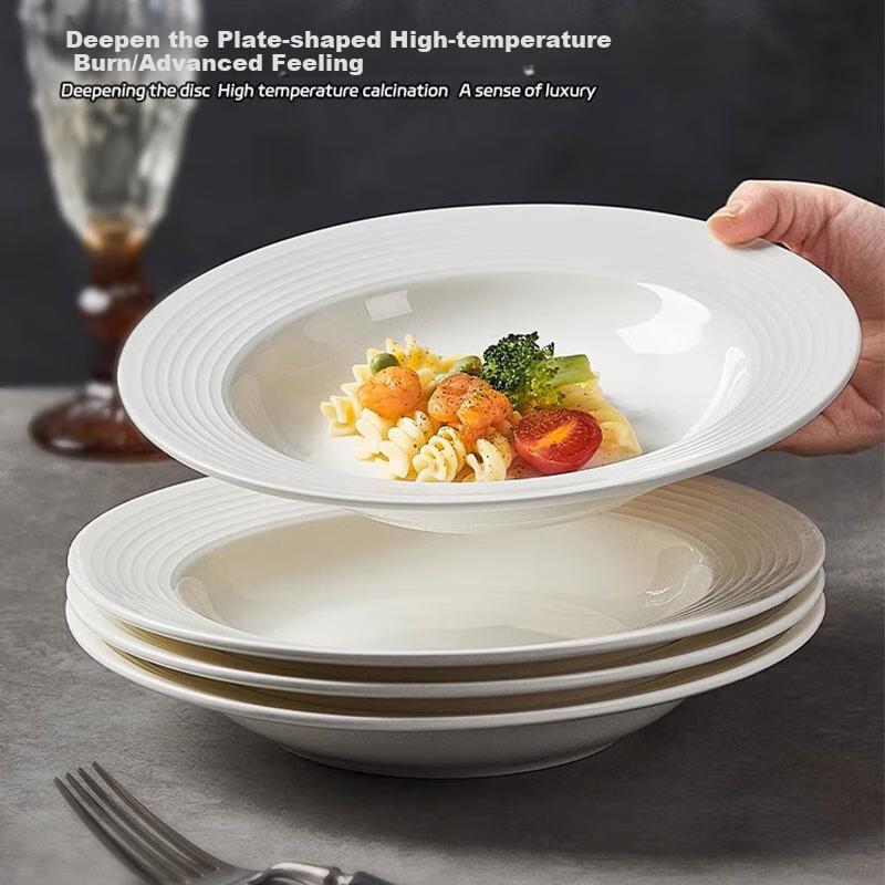 JIWUSENLIN Straw Hat Plate Home Salad Plate Threaded Ceramic Soup Plate Western Pasta Plate White 8.5 Inch 4 Pack