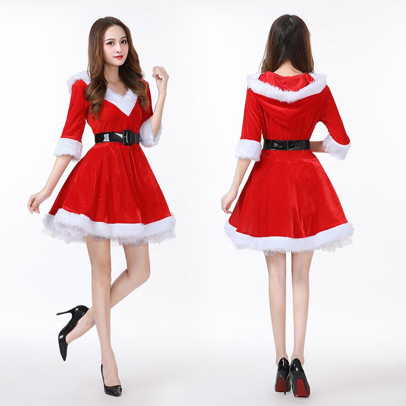New Adults Lady Women Slim Fit Hooded Sexy Velvet Christmas Suit Costumes Female Santa Claus Cosplay Halloween Party Fancy Dress