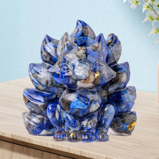 Статуэтка из натурального камня в виде девятихвостой лисы, позитивная целебная энергия, вырезанная вручную из цветного искусственного кристалла, сидящая статуя животного для домашнего офиса и рабочего стола