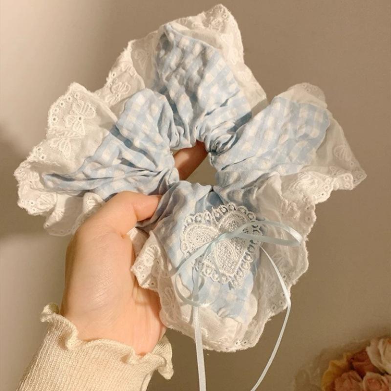 Blue Checkered Pattern, Bow Tie, Lace Handkerchief, Headband, Female, Korean Style, Oversized Headband, Hair Accessory