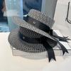 Солнцезащитная шляпа женская с широкими полями соломенная женская летняя кепка для вечернего платья с черным бантом на пляже