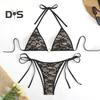 2Pcs/Set Women Bikini Set Halter Swimsuit with Bow Lace-ups Low-rise Swimming Trunks Set Snakeskin Print Split Design Beachwear