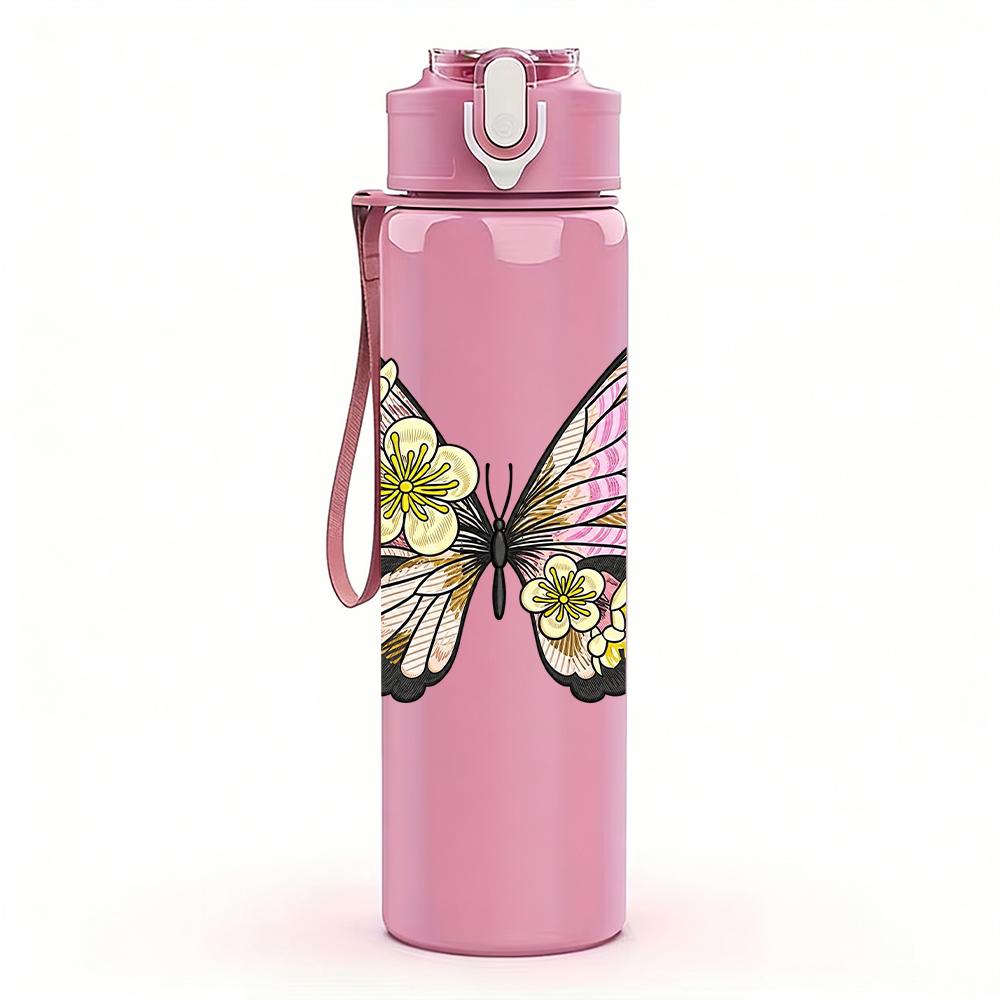 1PC Pastel Double Butterfly Floral Graphic,750ml Color Plastic Sports Water Bottle,Leakproof Flip Straw Lid,Suitable for Sports Office Home Use