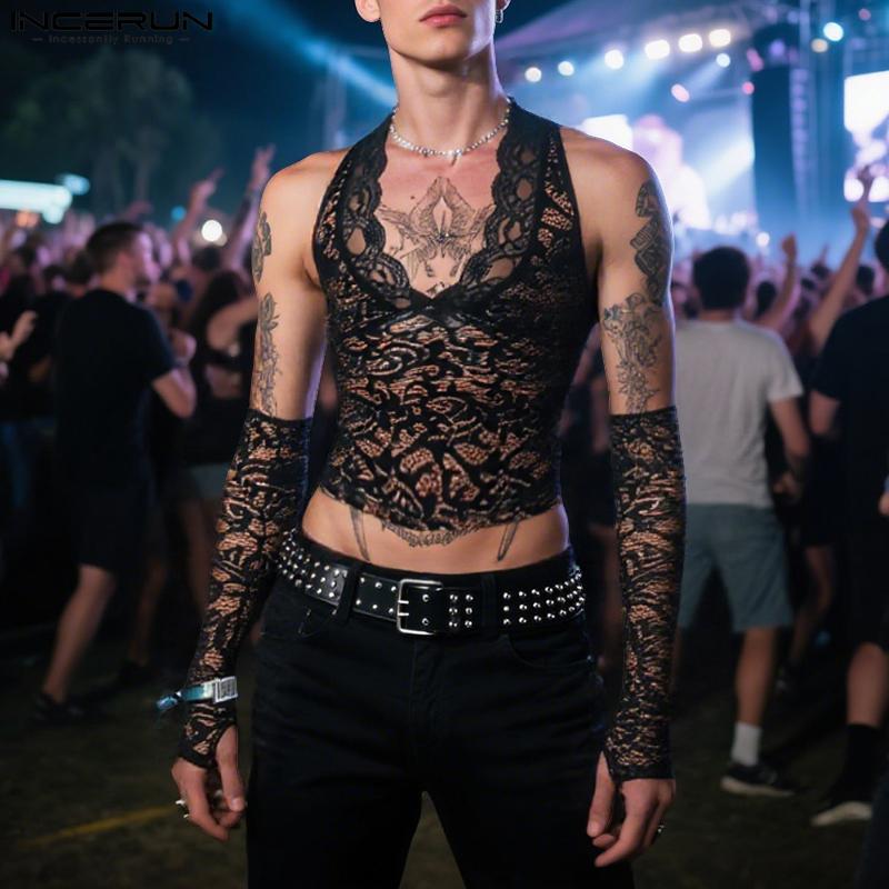 INCERUN Мужские топы-майки с V-образным вырезом, кружевные, прозрачные, для вечеринок и клубов